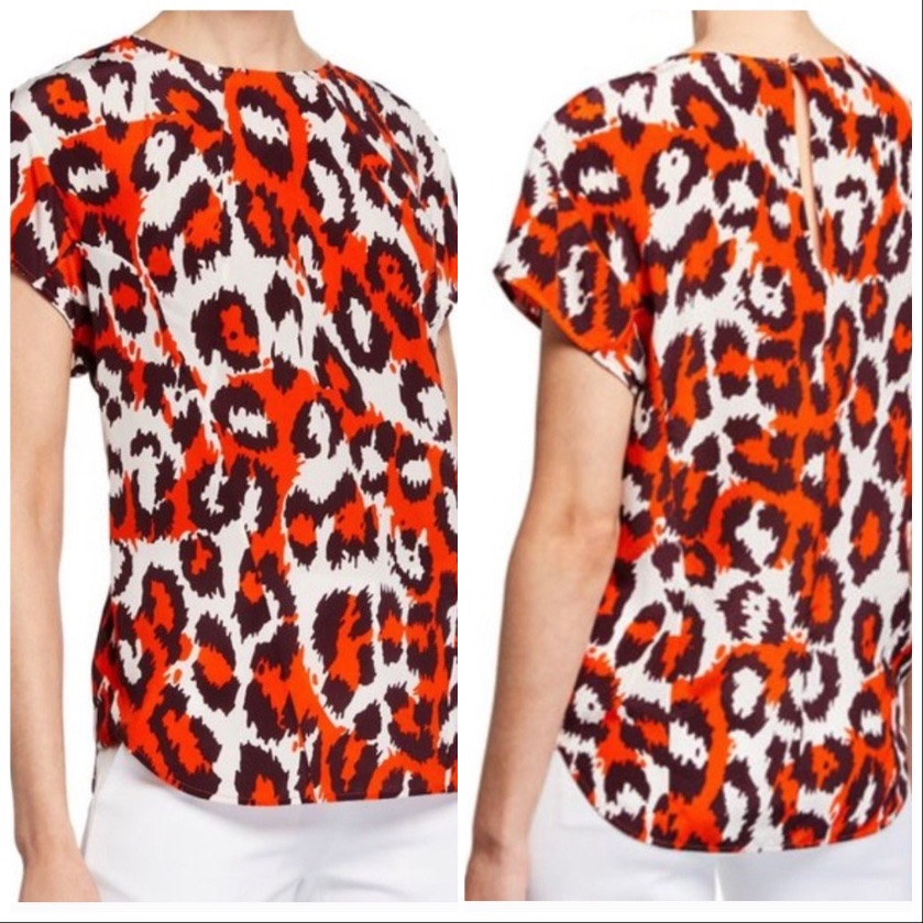 Diane Von Furstenberg Red, White & Black Animal Print Silk Top